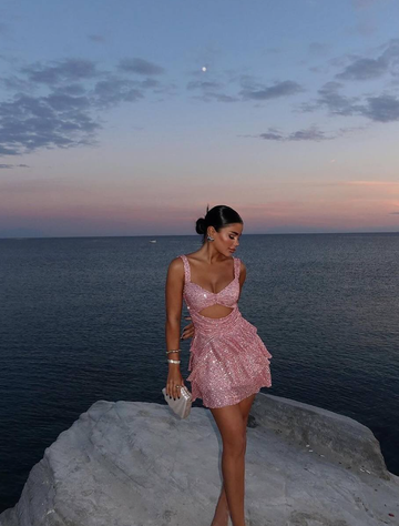 Pink A Line Straps Sequin Short Homecoming Dress Birthday Dress HZ1023